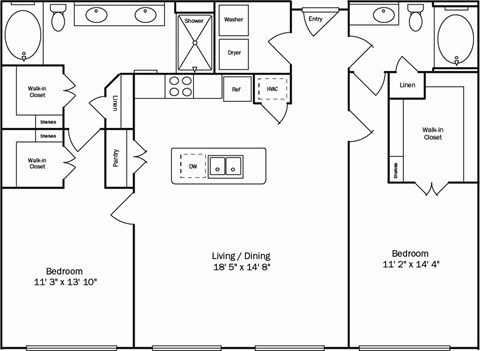 Floor plan for 2 beds, 2 baths, 1302 sqft